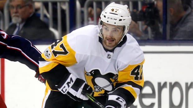 Penguins forward Adam Johnson in action during an NHL hockey game in Columbus, Ohio, Friday, Sept. 22, 2017.